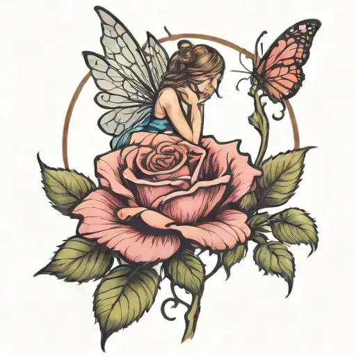  fairy leaning on the stem of a rose tattoo design idea