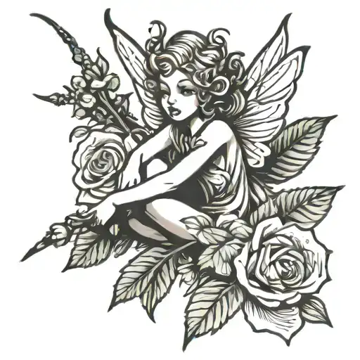  fairy leaning on the stem of a rose tattoo design idea
