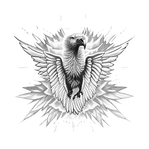 angels whit the guanabara bay in rio de janeiro, maracanã and a vulture flying among lightnings tattoo design idea