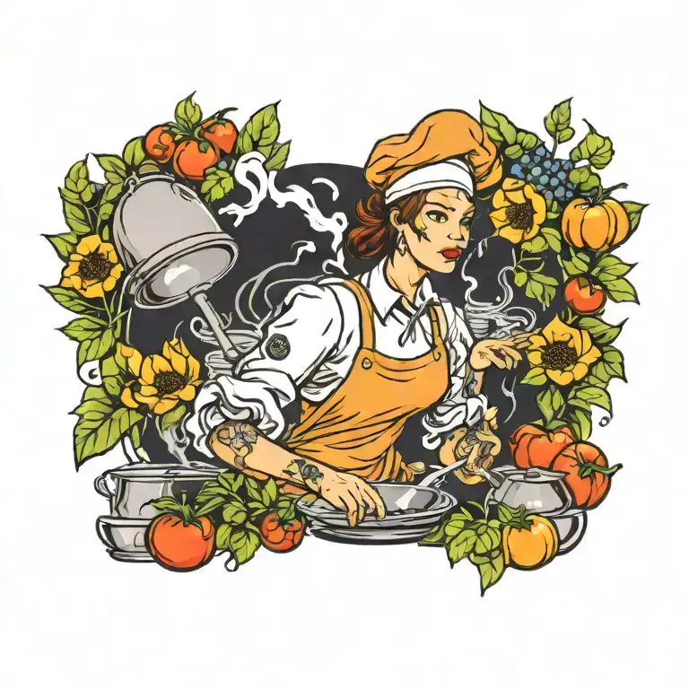 A portrait tattoo of a female chef cooking in a kitchen filled with nature elements tattoo design idea