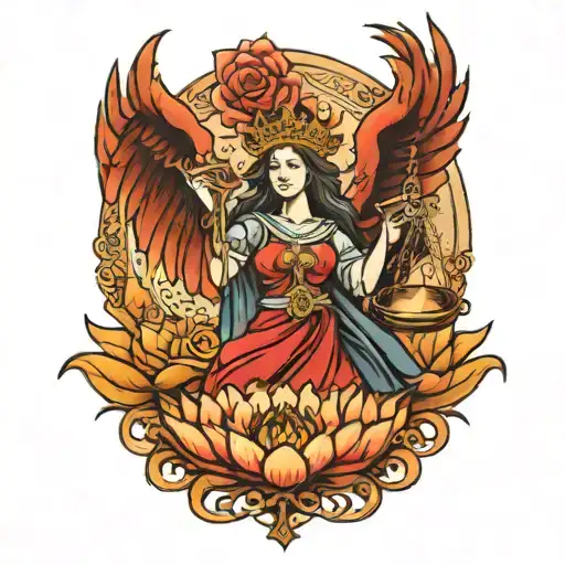 The Lady of Justice holding scales with a phoenix rising in the background and a lotus flower at her feet  tattoo design idea
