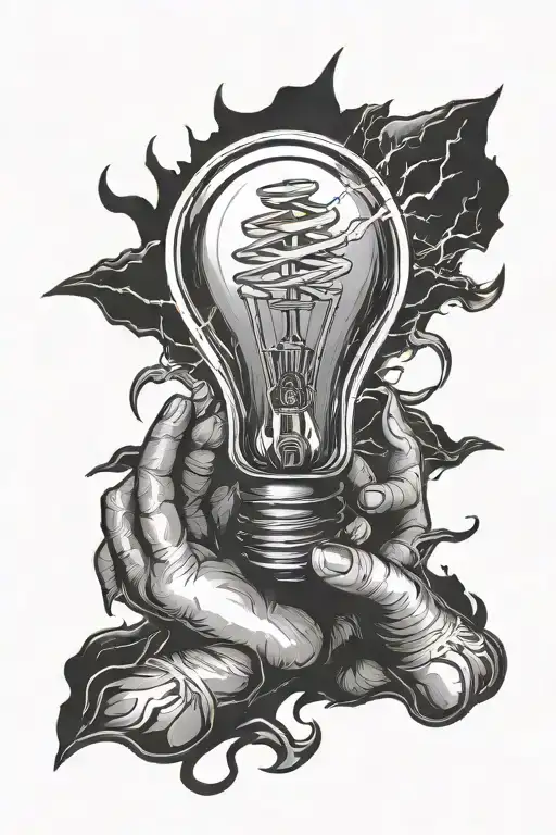 hand holding a lightbulb containing lightning tattoo design idea