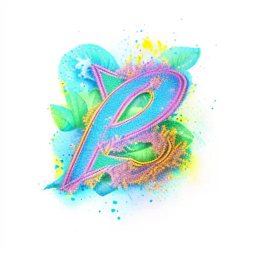 Letter A in front of green sycamore leaf and dark blue yelow splash colours  tattoo design idea