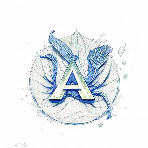 Letter A in front of green sycamore leaf and dark blue yelow splash colours  tattoo design idea