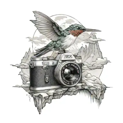 A tattoo of a hummingbird flying over a mountain range with a camera in its beak, symbolizing your love for photography  tattoo design idea