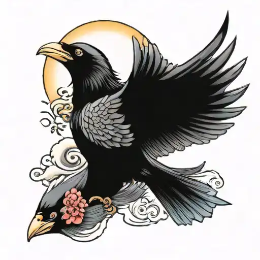 Crow flying, koi fish swimming tattoo design idea