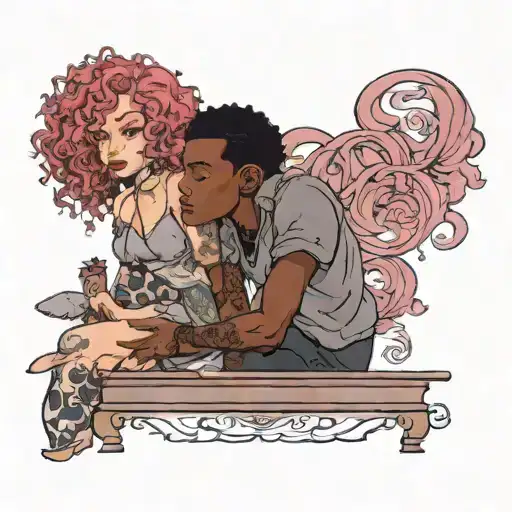 girl with curly mauve hair and tall black boy sitting on a table tattoo design idea