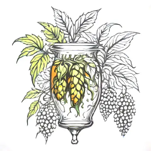 Incorporate hop vines and barley grains and water and yeast molecules tattoo design idea