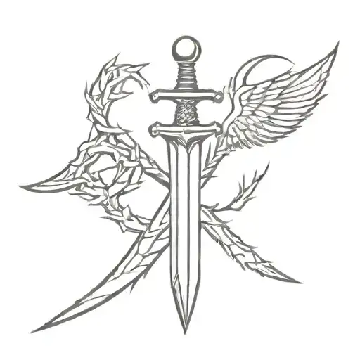 a sword with wings and a crown of thorns on the sword  tattoo design idea