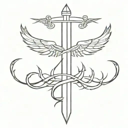 a sword with wings and a crown of thorns on the sword  tattoo design idea