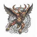 manchester united devil, running, space tattoo design idea