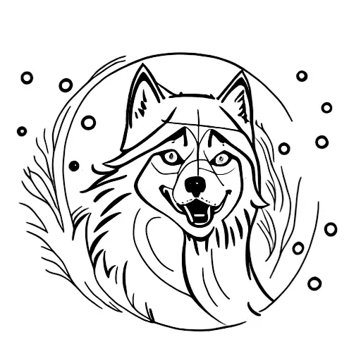 A husky howling at a full moon in a mystical forest tattoo design idea