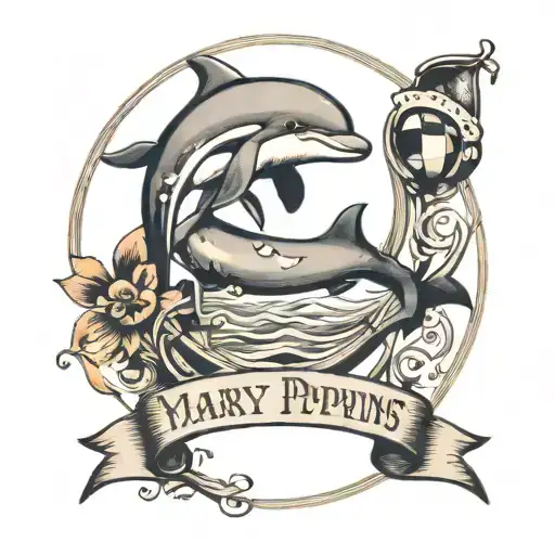 A traditional tattoo of a playful dolphin jumping through a hoop held by a clown fish, with a quote from Mary Poppins in a banner tattoo design idea