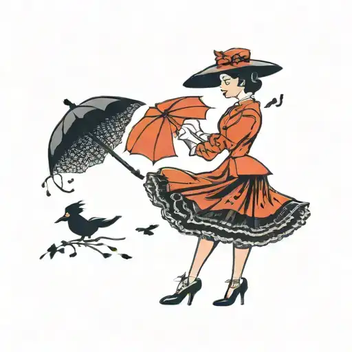 A traditional style silhouette of Mary Poppins with her iconic umbrella tattoo design idea