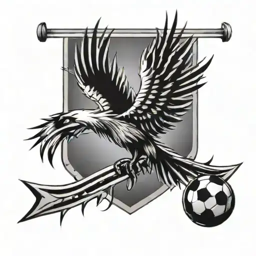 A football goalpost transformed into a phoenix, with a semicolon on the crossbar and an upwards arrow pointing towards the sky, symbolizing achievement and ambition in coaching tattoo design idea