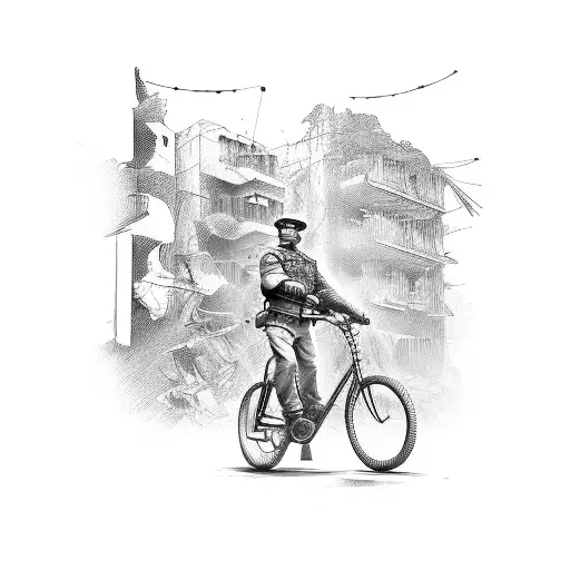 A cinematic scene of a soldier riding a bicycle through a war-torn city tattoo design idea