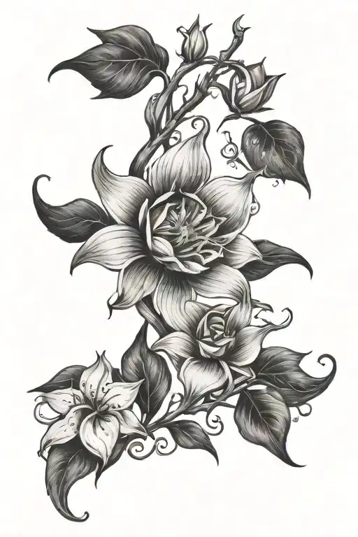 moon, star, margrit and moonflower vine thin tattoo design idea