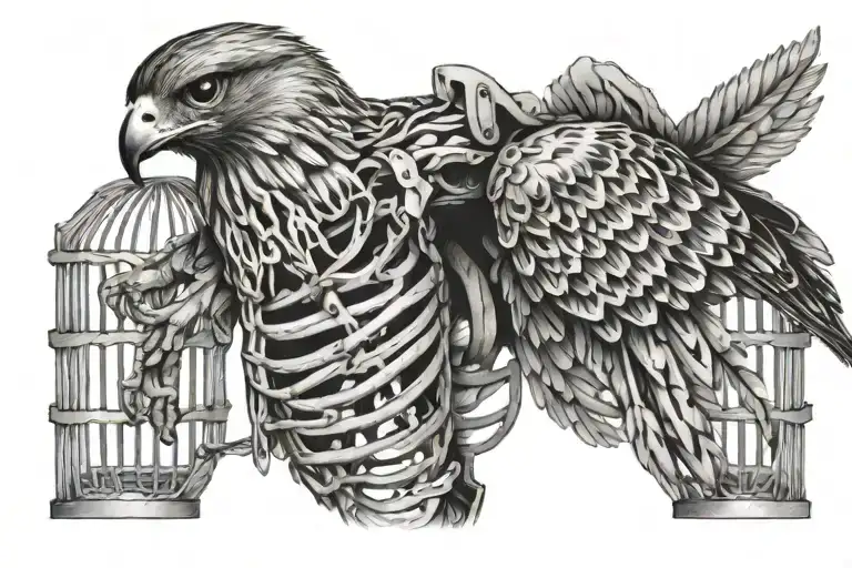 hawk trapped inside a ribcage like its in a birdcage tattoo design idea