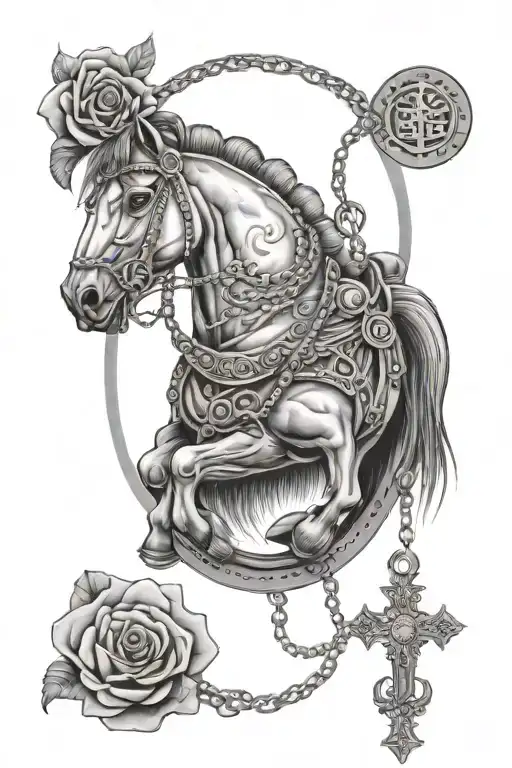 rosary and Trojan horse surrounded tattoo design idea