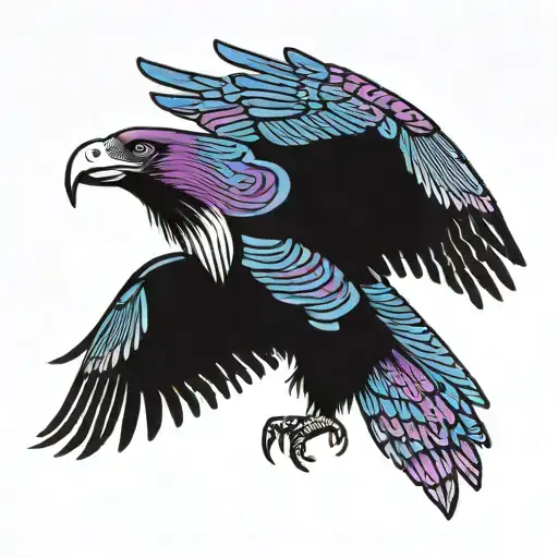 Andean Condor wiht its wings pread out flying with blue and purple wings no feet tattoo design idea