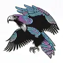 Andean Condor wiht its wings pread out flying with blue and purple wings no feet tattoo design idea