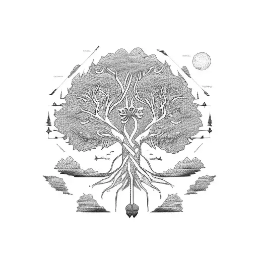 A tree of life with various animals incorporated into its branches in a blackwork style tattoo design idea