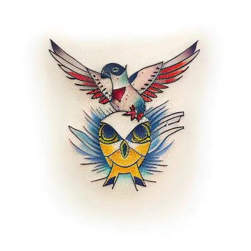 patchwork bird sleeve tattoo design idea