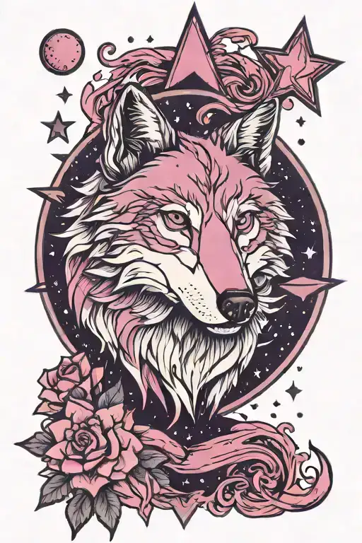 lfiers but kind look of a lonewolf in pink purple white black with the stars and night sky as a background tattoo design idea