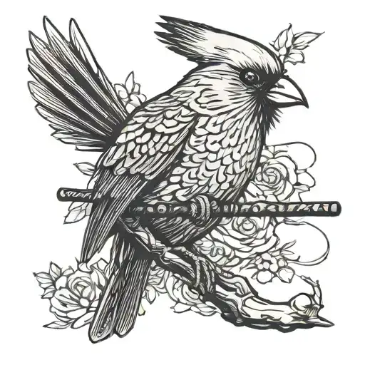 Red Cardinal holding a katana in its mouth   tattoo design idea