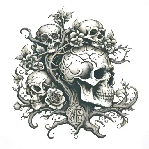 f with skulls and family tree tattoo design idea