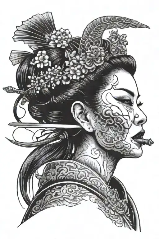 evil geisha girl with sword threw the head profile holding tattoo design idea