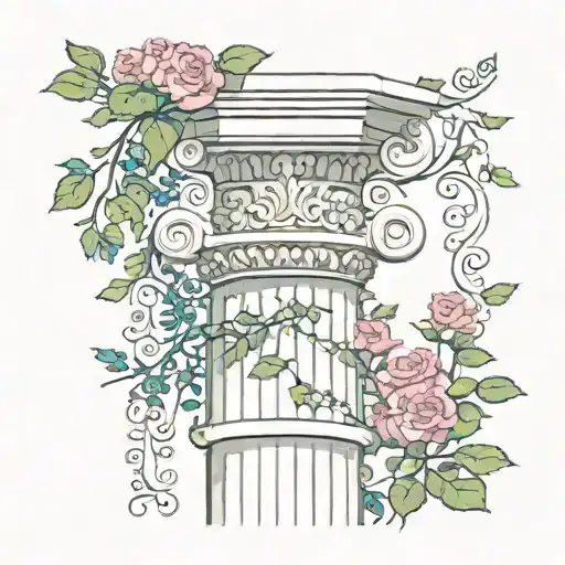 greek pillar and rose vines tattoo design idea