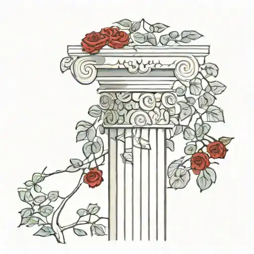 greek pillar and red rose vines tattoo design idea