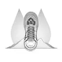 A dotwork tattoo of a stylized heartbeat line with a hiking boot and a dog paw print intersecting at the peak, representing your passions for hiking and dogs tattoo design idea