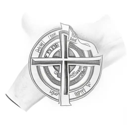 A cross with my mom my dad who is a cop and a cancer logo all on the same arm from when my mom beat cancer tattoo design idea