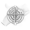 A cross with my mom my dad who is a cop and a cancer logo all on the same arm from when my mom beat cancer tattoo design idea