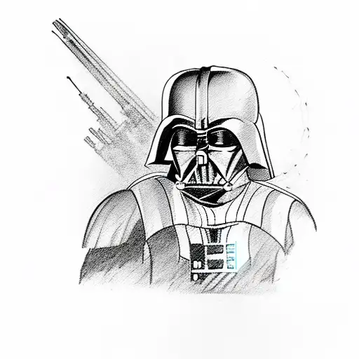 Darth Vader with red sword, aircraft in the background  tattoo design idea
