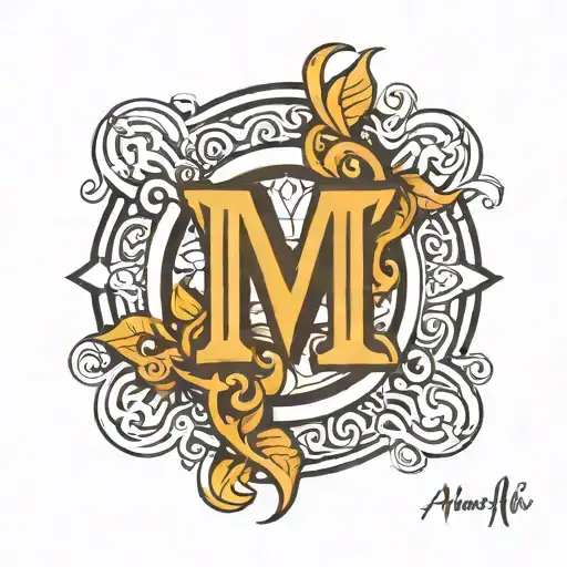 Create a captivating tattoo design featuring five stylized letter "M's" arranged in a wheel-like formation around a cent tattoo design idea