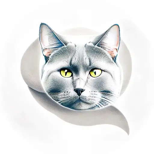 fat gray cat walking forward on blue water looking up at the moon tattoo design idea