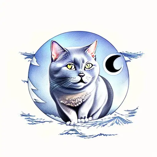 fat gray cat walking forward on blue water looking up at the moon tattoo design idea