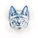 real fat solid gray cat walking forward on blue water looking up at the moon tattoo design idea