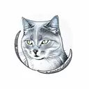 real fat solid gray cat walking forward on blue water looking up at the moon tattoo design idea