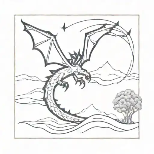 A minimalist tattoo inspired by the book 'Eragon', featuring a dragon and a mystical landscape tattoo design idea
