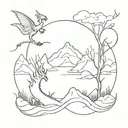 A minimalist tattoo inspired by the book 'Eragon', featuring a dragon and a mystical landscape tattoo design idea