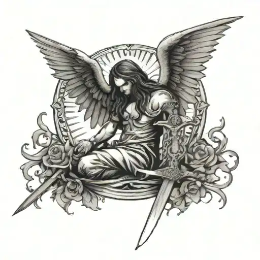 fallen angel sword holding bring death tarot card tattoo design idea