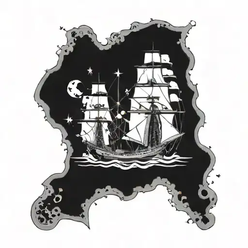 A detailed map of gemini constellation with a ship navigating through them tattoo design idea