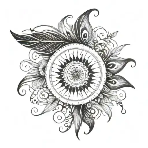 peacock feather turning into a compass at the end of the feather  tattoo design idea