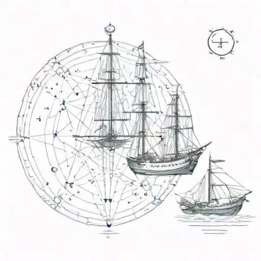 A detailed map of gemini constellation with a ship navigating through them tattoo design idea