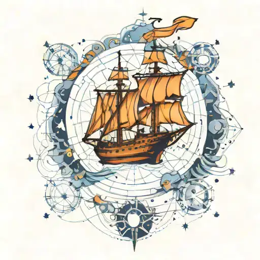 A detailed map of gemini constellation with a ship navigating through them tattoo design idea