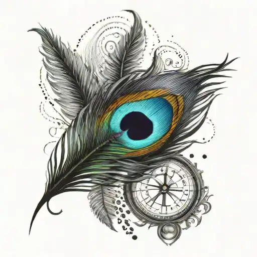 A peacock feather transforming into a guiding compass tattoo design idea